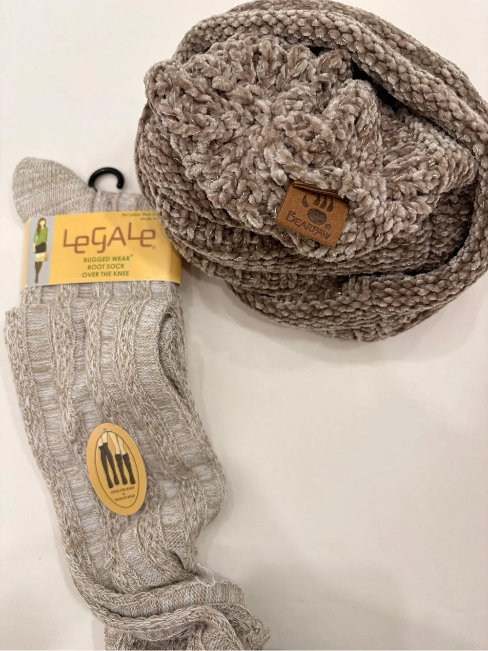 BearPaw Brown Beanie and Brown Over The Knee Boot Socks Bundle